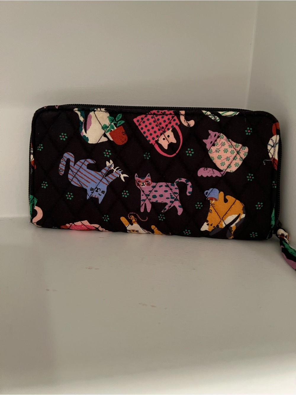 Vera Bradley Herding Cats Black Quilted Wallet with Multicolor Cat Print